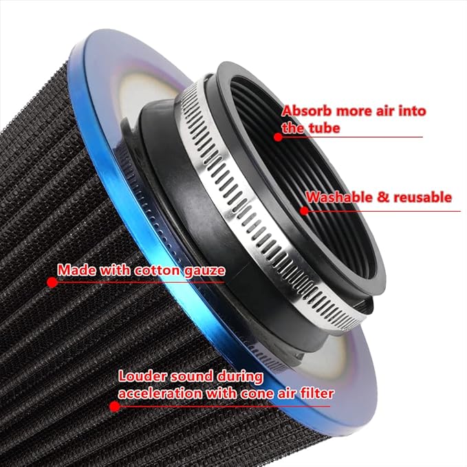 Cold Air Intake Filter, High Performance, Washable Filter, Clamp-On Replacement Air Filter, Flange Diameter 3inch/76mm Black
