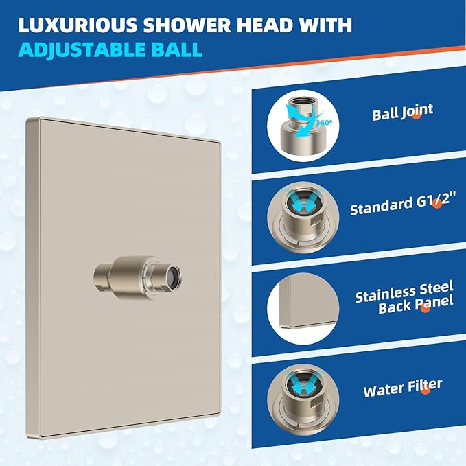 Hibbent Thickness Metal Rain Shower Head, 12 Inch High Pressure Shower Heads, Square Large Bathroom Rainfall Shower Head with Adjustable Brass Ball Joint, Waterfall Full Body Coverage, Brushed Nickel