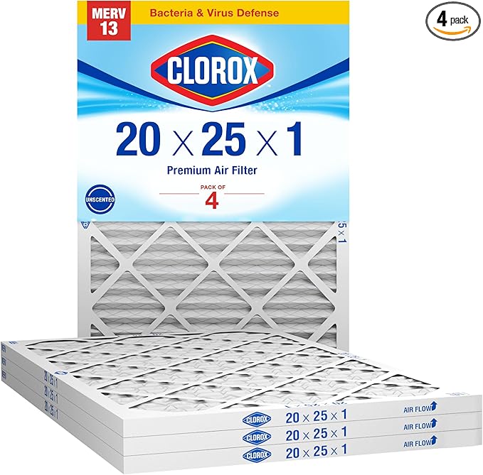 Clorox 20x25x1 Air Filter, MERV 13 Pleated HVAC AC Furnace Air Filters, MPR 1500 & FPR 10 – Pack of 4