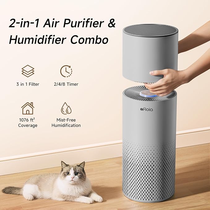 Afloia Humidifier and Air Purifier in One, Air Purifier and Evaporative Humidifier Combo for Home, 24dB Quiet Air Cleaner Remove Pets Dust Dander Hair Allergy Pollen Smoke Smell for Room, Grey