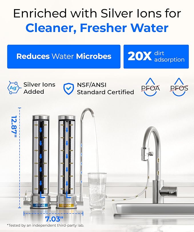 [Silver ions] Waterdrop Dual-Stage Countertop Water Filter System, Reduce Chlorine, PFOA/PFOS, Bad Taste & Odor, Silver Ions Enhanced Filtration, Stainless Steel, WD-CTF-09(2 Filter)
