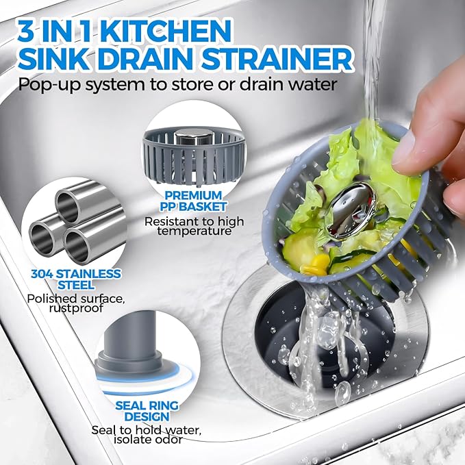 Kitchen Sink Drain Strainer - 2Pack Sink Stopper, Drain Protector, Kitchen Drain Plug & Sink Installation Parts with Anti-Clogging Basket, Fit US Standard 3-1/2'' Sink Drain Hole, Silver