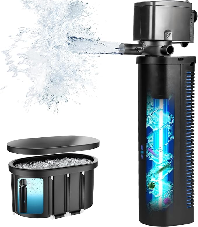 Hypool Aquarium U-V Filter 600GPH for Large 75-300 Gallon Fish Tank Cold Plunge Tub Small Koi Pond Filter Pleated Water Polishing Media, Green Clean Machine Deodorization for Saltwater Freshwater