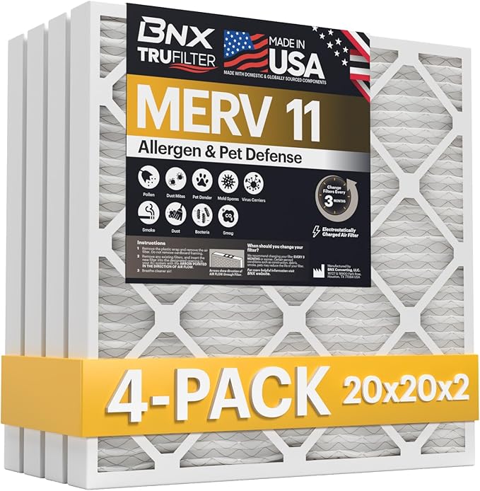 BNX TruFilter 20x20x2 Air Filter MERV 11 (4-Pack) - MADE IN USA - Allergen Defense Electrostatic Pleated Air Conditioner HVAC AC Furnace Filters for Allergies, Dust, Pet, Smoke, Allergy MPR 1200 FPR 7