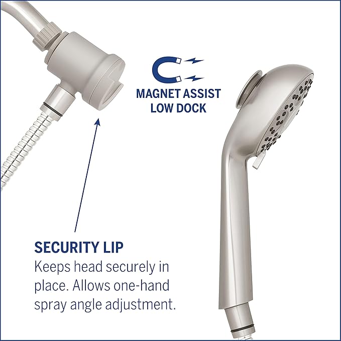 Waterpik Magnetic Dual Dock Adjustable Height Hand Held Shower Head With 5-Foot Metal Hose and PowerPulse Shower Massage, Brushed Nickel QMK-759ME