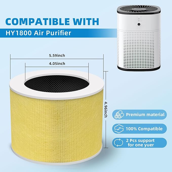 HY1800 Upgraded Replacement Filter Compatible with Honeyuan/Loytio/CHIVALZ/MORENTO/AYAFATO/IOIOW HY1800 Air Purifier, 3-in-1 H13 Grade True HEPA Upgraded Activated Carbon Filter, Yellow 2 Pack