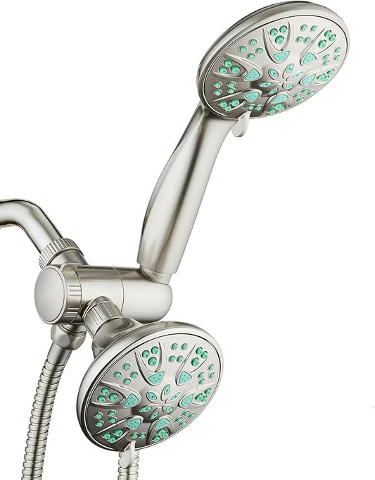 AquaDance Antimicrobial/Anti-Clog High-Pressure 30-setting Dual Head Combination Shower with Microban Nozzle Protection From Growth of Mold, Mildew & Bacteria for a Healthier Shower – Coral Green