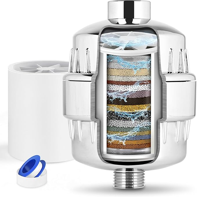 25 Stage Shower Head Filter for Hard Water, Shower Water Filter for Removing Chlorine and Fluoride, High Output Hard Water Shower Filter Improves on Skin, Hair and Nails, Polished Chrome