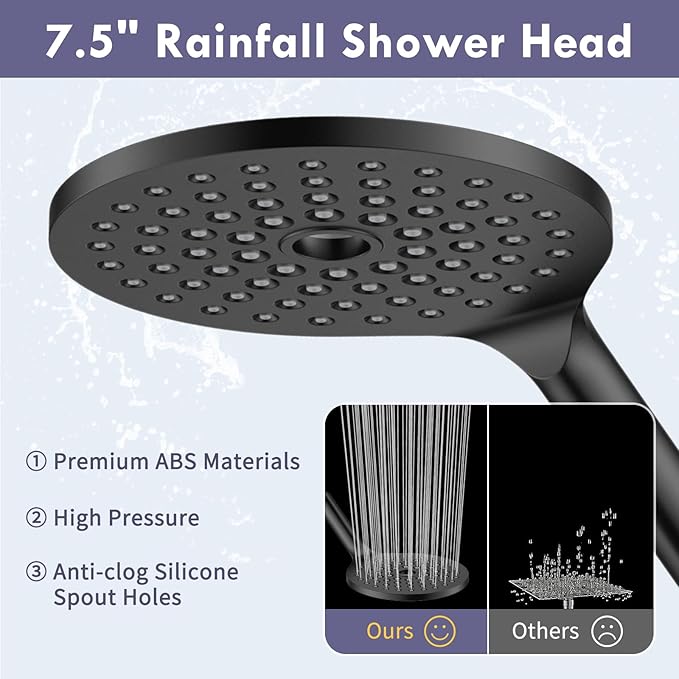 Dual Shower Heads with Handheld Spray, 7.5" Rainfall Shower Head with Handheld Combo, High Pressure Double Shower Heads with Handheld Spray, 9 Modes Hand Showerhead with 78" Hose (Matte Black)