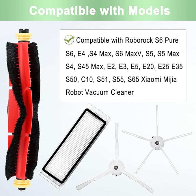Roborock Robot Vacuum Replacement Parts for Roborock S6 Pure S6 E4 S4 Max S6 MaxV S5 S5 Max S4 E2 E3 E5 E20 E25 E35 S50 S65 Xiaomi Mijia Robot Vacuum, 3 Main Brushes, 4 Filters, 6 Side Brushes