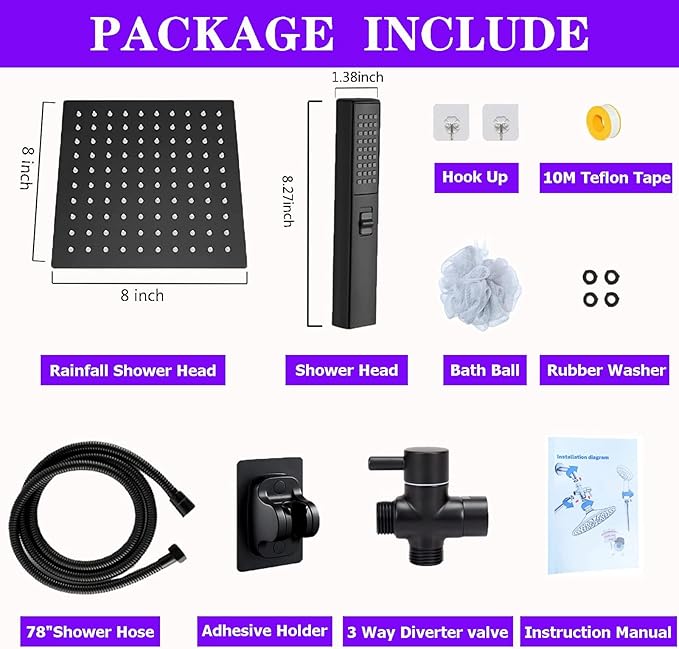 8"High Pressure Square Rain Shower Head and 2-in-1 Hand Shower.Equipped with 78"Hose, 3 Way Diverter Valve,Adhesive Shower Head Holder.(AWAXFOLO Square Shower Head Set Black)
