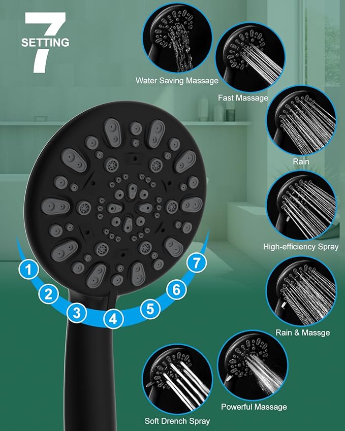 Hibbent 10'' Self-cleaning Rain Shower Head, High Pressure Handheld Shower Head, Showerhead Combo with 12'' Adjustable Curved Shower Extension Arm, 7-Spray, 71'' Hose, Showerhead Holder, Matte Black