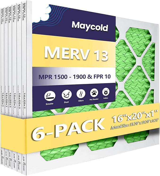 Maycold MERV 13 16x20x1 Air Filter (6-Pack), High-Efficiency Pleated AC & Furnace Filters, Actual Size: 15.70” x 19.70” x 0.75”, Individually Wrapped in Plastic