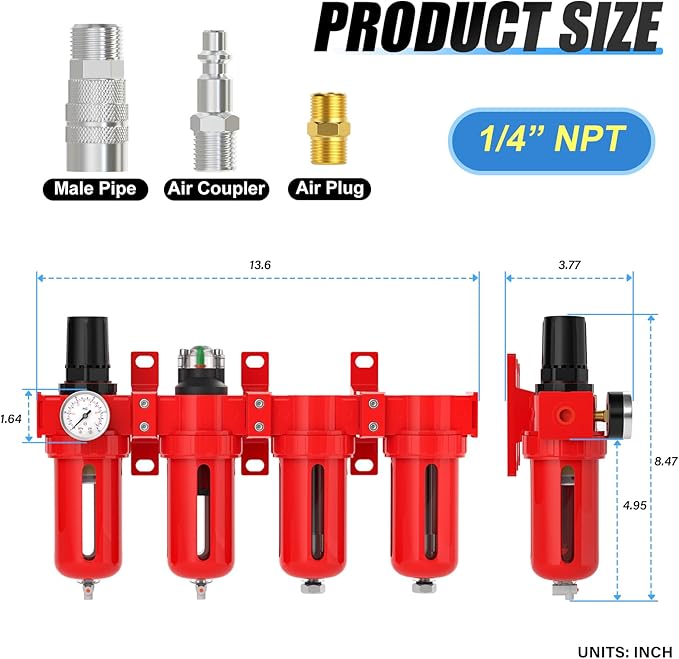 1/4" NPT Industrial Grade 4 Stage Aluminum Air Drying System, Coalescing Filter, Particulate Filter, Double Desiccant Dryer and Air Regulator,Manual Drain For Plasma Cutter and Paint Spray