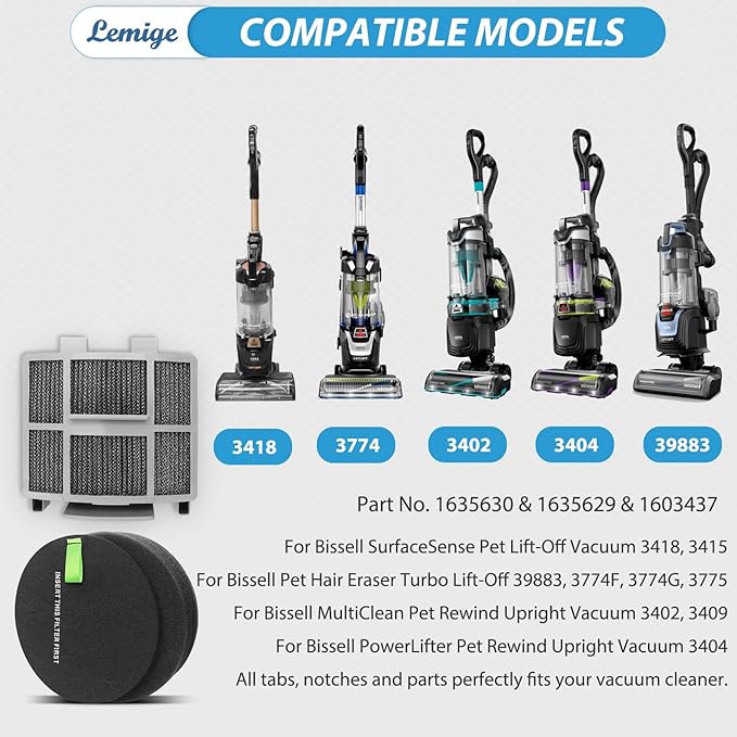 Lemige Filter Replacement for Bissell Pet Hair Eraser 39883 3774F 3774 3774G 3775 SurfaceSense 3418 3415 MultiClean 3402 3409 PowerLifte 3404 Vacuum Cleaners, 1635630&1635629