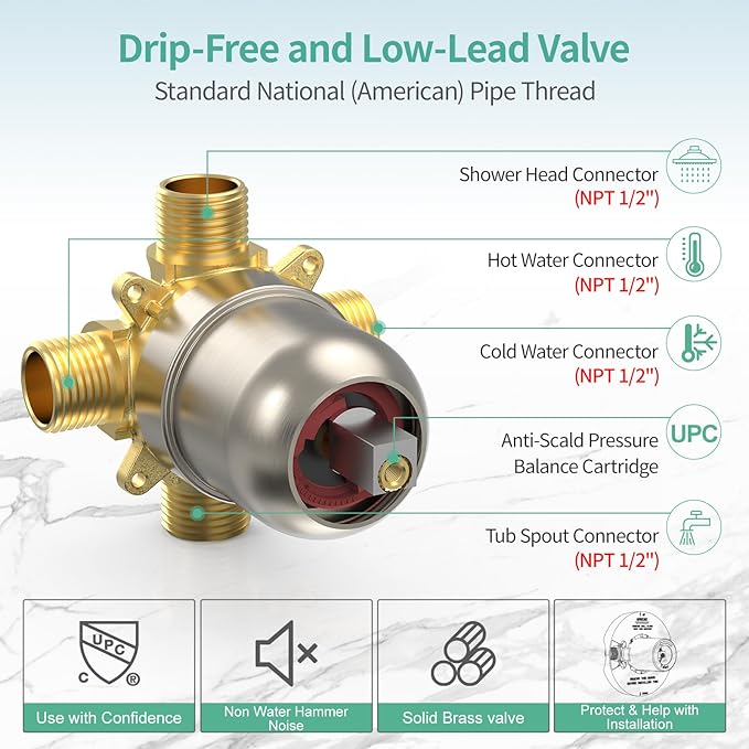 SR SUN RISE Shower System with Tub Spout Rain Shower Tub Set, High Pressure 35-Function Dual 2-in-1 Shower Combo Faucet with Valve, Patented 3-Way Water Diverter in Brushed Nickel (Valve Included)
