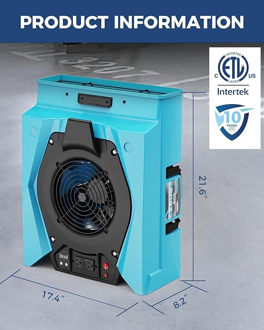 ALORAIR Zeus 900 Air Mover Commercial Blower for Carpets, Walls, Plumbing Use, Variable Speed Floor Blower Fan, 950 CFM with 1.8 Amps, Circuit Breaker Protection,on-Board Duplex GFCI, Blue