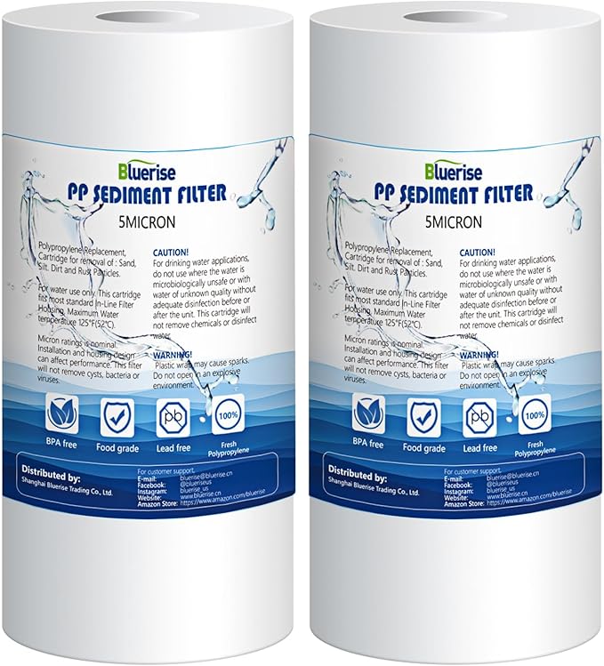BLUERISE 5 Micron 10" x 4.5" Water Filter Replacement Whole House Sediment Home Water Filter Replacement Cartridge Ro Sediment Filter Easy Installation Fits Any 10" Reverse Osmosis Unit（pack of 2）