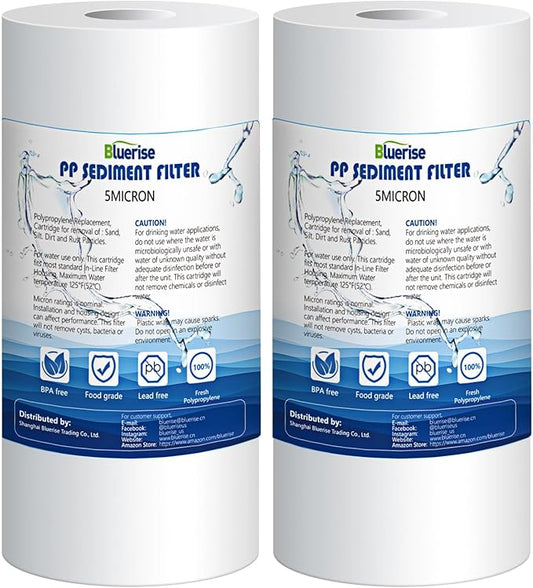 BLUERISE 5 Micron 10" x 4.5" Water Filter Replacement Whole House Sediment Home Water Filter Replacement Cartridge Ro Sediment Filter Easy Installation Fits Any 10" Reverse Osmosis Unit（pack of 2）