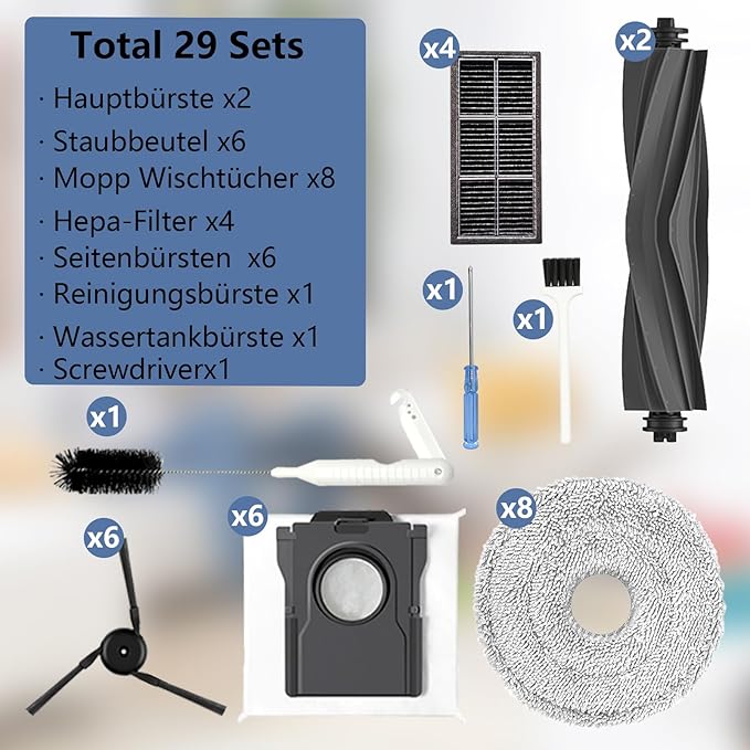Yivy Accessories Replacement Part for Dreame X40 Ultra/ L40 Ultra /X40 Master/Mova P50 Pro Ultra/Mova P10 Pro Ultra Robot Vacuum Cleaner, 2 Main Brush, 4 Carbon HEPA Filters,6 Side Brushes-29 pcs