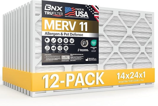 BNX TruFilter 14x24x1 Air Filter MERV 11 (12-Pack) - MADE IN USA - Allergen Defense Electrostatic Pleated Air Conditioner HVAC AC Furnace Filters for Allergies, Pet, Smoke, Allergy MPR 1200 FPR 7