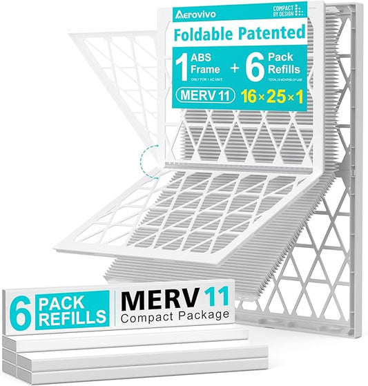 16x25x1 Refillable Air Filter Kit, MERV 11, 1 Reusable Foldable Frame ＆ 6 Refills, Fits Most AC HVAC Furnace Devices, Actual Size 15.75x24.75x0.75in