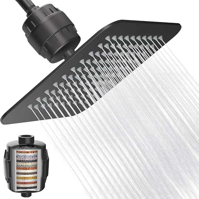 10'' High Pressure Filtered Shower Head Combo 20 Stage Shower Filter for Hard Water, Removes Chlorine & Harmful Substances (Matte Black)