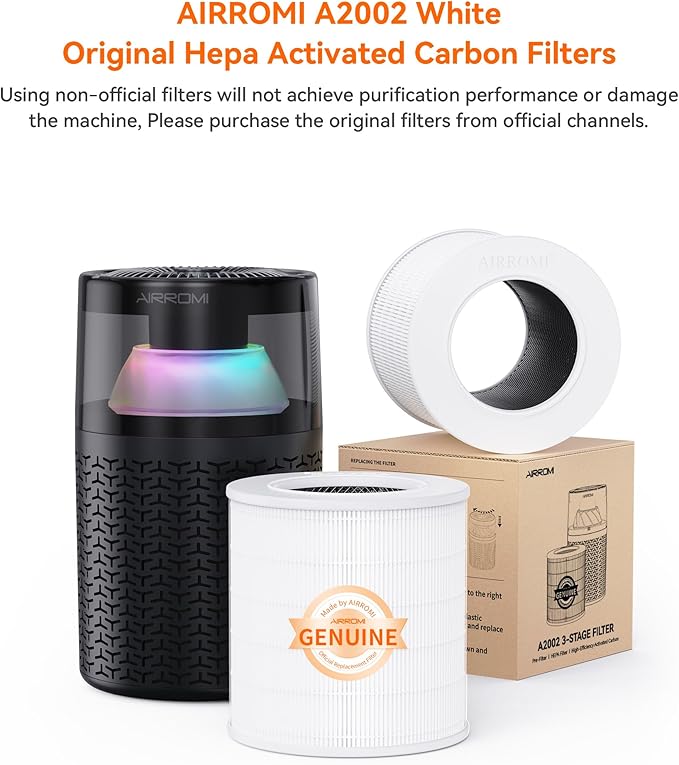 AIRROMI A2002 HEPA Air Purifier Replacement Filter, 3-In-1 Original Filter, Remove 99.97% of 0.3 Micron Particle 1 Pack White Activated Carbon