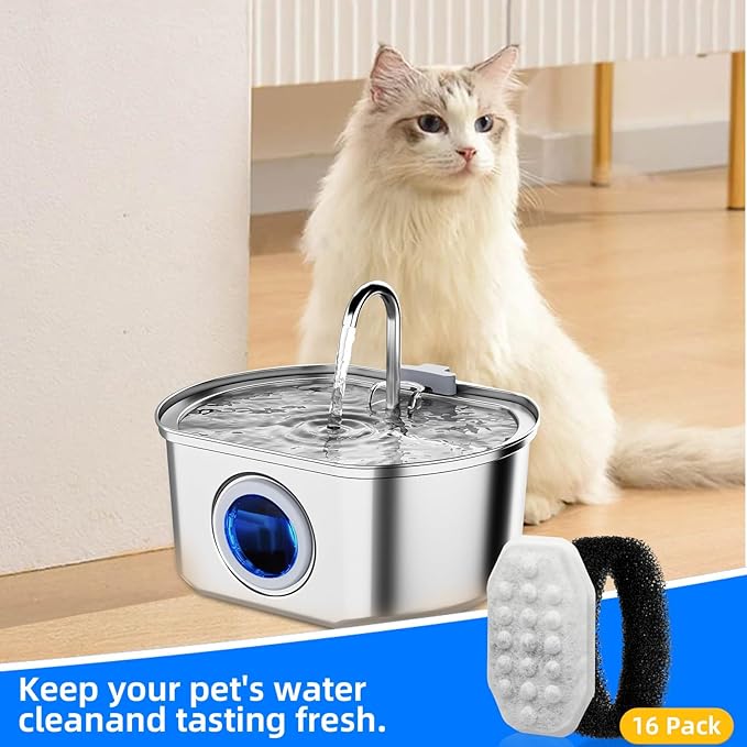 16 Pack Cat Water Fountain Filter Replacement & Pre-Filter Sponges for 3.2L/108oz Automatic Pet Fountain Dog Water Fountain