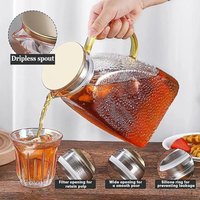 1.5L Glass Pitcher with Stainless Steel Gold Lid - Ideal Fridge Door Water Pitcher for Hot or Cold Beverage, Iced Tea, Juice, Milk, Coffee, Lemonade