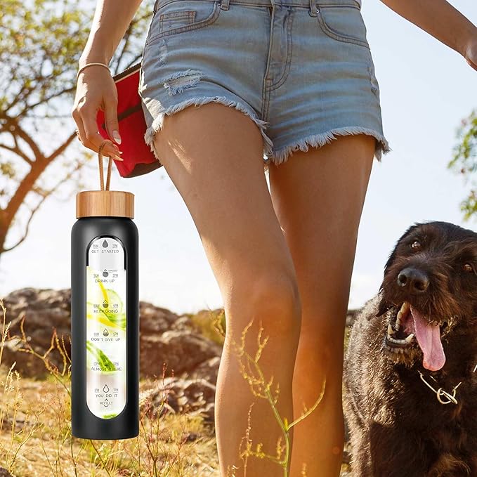 Aqulea Glass Water Bottles 32 Oz with Silicone Sleeve - BPA Free Reusable Wide Mouth Glass Motivational Water Bottles with Fruit Infuser – Leak Proof Borosilicate Water Bottle with Time Marker (Black)