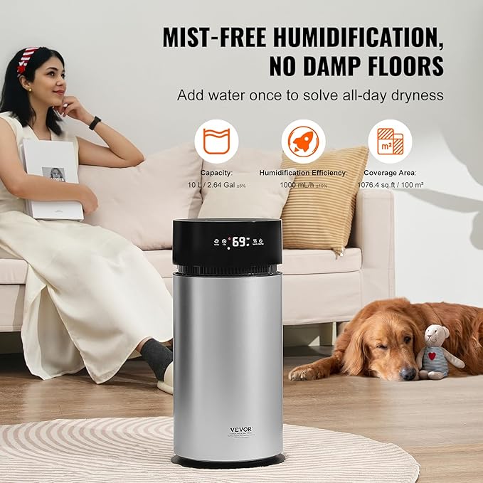 VEVOR Evaporative Humidifier for Whole House up to 1076.4 sqft, 10L(2.64G) Large Smart Cool Moisture Humidifier and Air Purifier,3-Speeds & 1-14h Timer,Premium Filter Quiet Sleep Mode for Bedroom