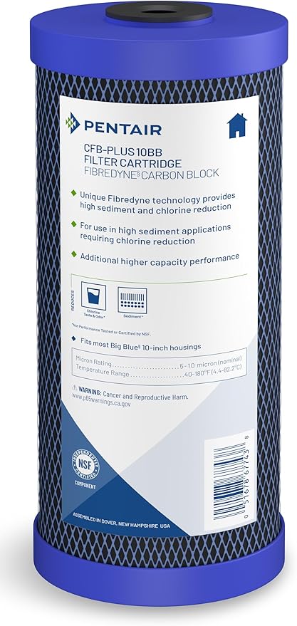 Pentair Pentek CFB-Plus10BB Big Blue Carbon Water Filter, 10-Inch, Whole House Fibredyne Modified Molded Carbon Block Replacement Cartridge, 10" x 4.5", 5-10 Micron