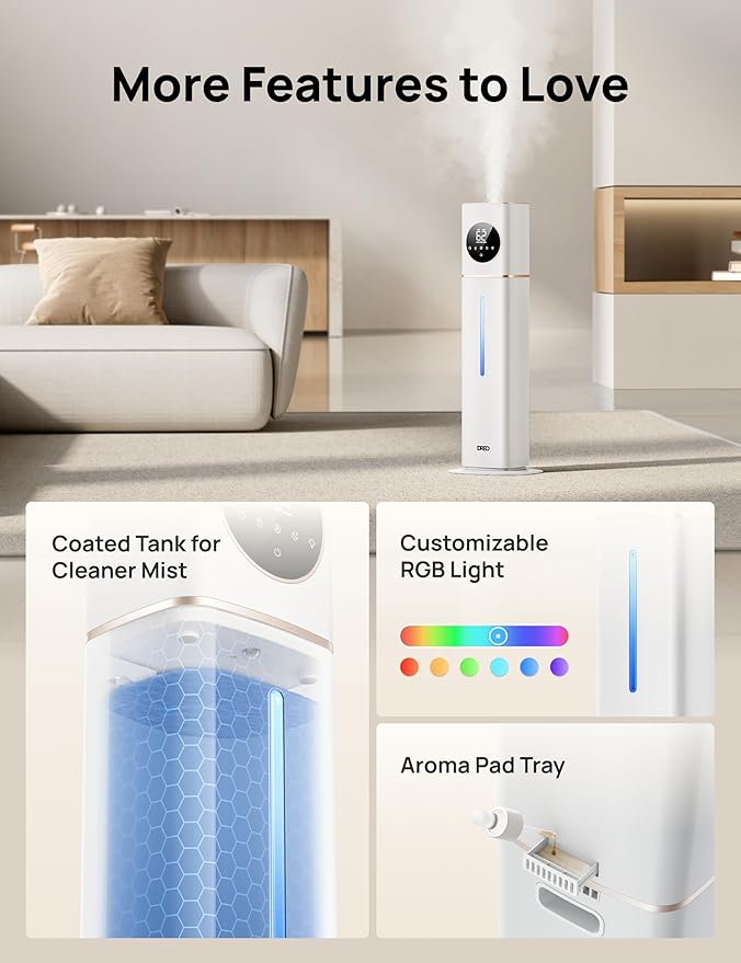 Dreo HM735S 11L Smart Humidifier Large Room 700 ft², 100H Cool Mist Air Humidifiers for Bedroom, Top-Fill Self-Cleaning Tank, 26dB, Auto Mode, Aroma Box, RGB Light, Remote & APP Control, Baby, White
