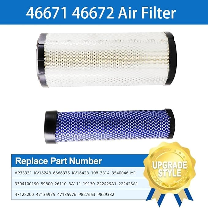 46671&46672 Engine Air Filter Kit Inner Outer Fit for John Deere Skid Steer 240 250 270 CT322 317 Case 40XT 60XT 70XT 75XT 85XT 1840 1845C 435 445 445CT Kubota SVL75 SVL75-2 SVL75C SVL75C-2