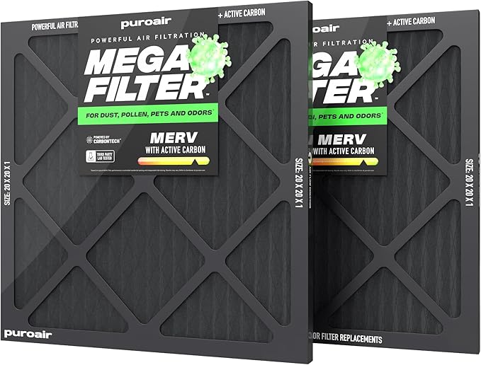 PuroAir Mega Filter - MERV 13 20x20x1 Air Filters For Home With Activated Carbon - Filters Allergens, Pet Dander, Smoke, Dust - Furnace and AC Filters - Air Filters 20x20x1 MERV 13 (2 Pack)