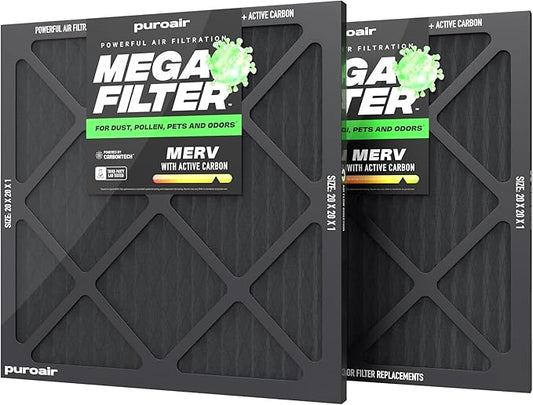 PuroAir Mega Filter - MERV 13 20x20x1 Air Filters For Home With Activated Carbon - Filters Allergens, Pet Dander, Smoke, Dust - Furnace and AC Filters - Air Filters 20x20x1 MERV 13 (2 Pack)