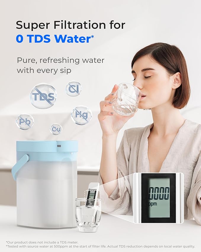 Waterdrop 0 TDS Zero TDS Water Rechargeable Water Filter Dispenser, 4-Stage Instant Electric Powerful Pitcher, Reduce Chlorine, Lead, 15-Cup Countertop Water Filtration System with 1 Filter, Blue