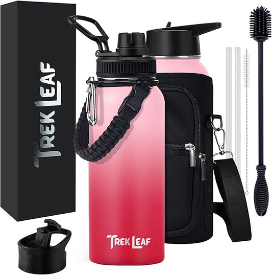 Travel Water Bottle with Carrying Bag, 3 Lids (Spout, Straw, Flip), and Bottle Brush; Leak Proof, Quality, Vacuum Insulated, Stainless Steel (Blush, 32 oz)