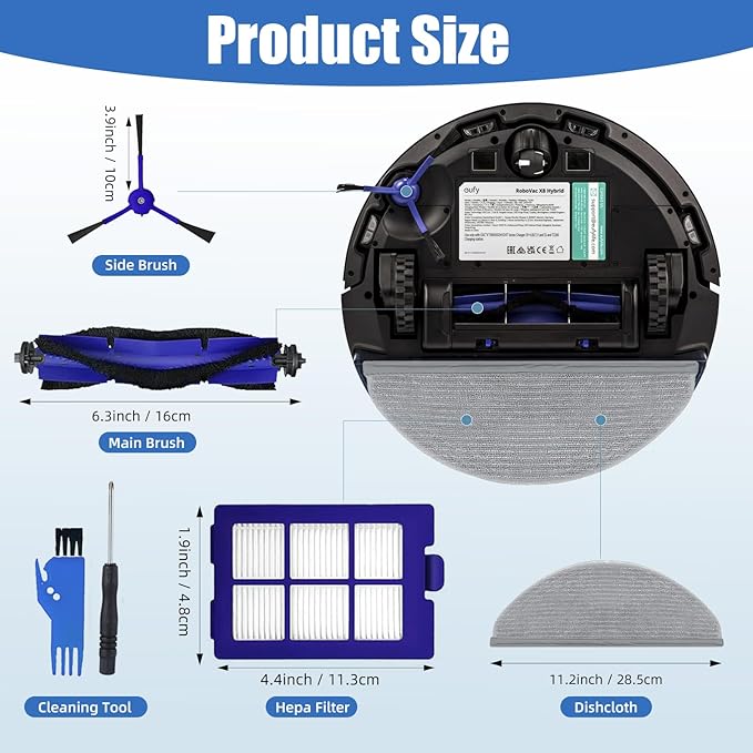 20Pcs X8 Replacement Parts for Eufy RoboVac X8/X8 Hybrid – 2 Roller Brushes, 8 Side Brushes, 6 HEPA Filters, 2 Mop pads, 1 Cleaning Brush & 1 Screwdriver – Not for X8 Pro