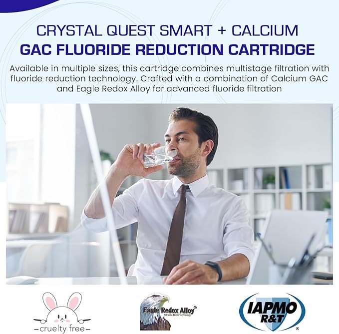 Crystal Quest SMART + Calcium GAC Fluoride Reduction Water Filter Cartridge - 1 Micron - Coconut Shell GAC - Eagle Redox Alloy - Reduces Fluoride & Contaminants - 2-7/8” x 20”