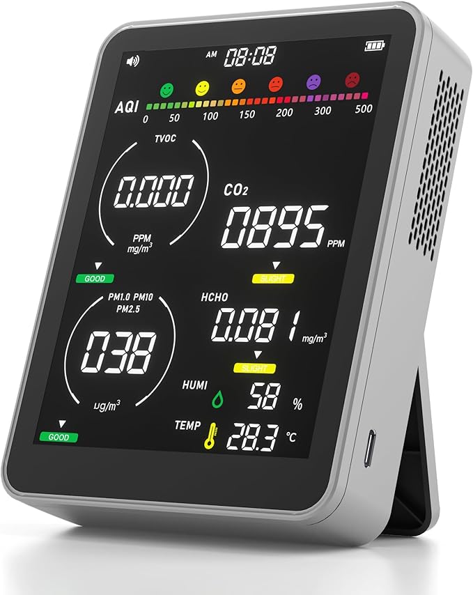 16 in 1 Air Quality Monitor Indoor-Portable Indoor Air Quality Meter with 7AQI Beep Alarm,for CO2,HCHO,TVOC,PM2.5, PM1.0,PM10,AQI,Temperature,Humidity & Time Display (Grey)