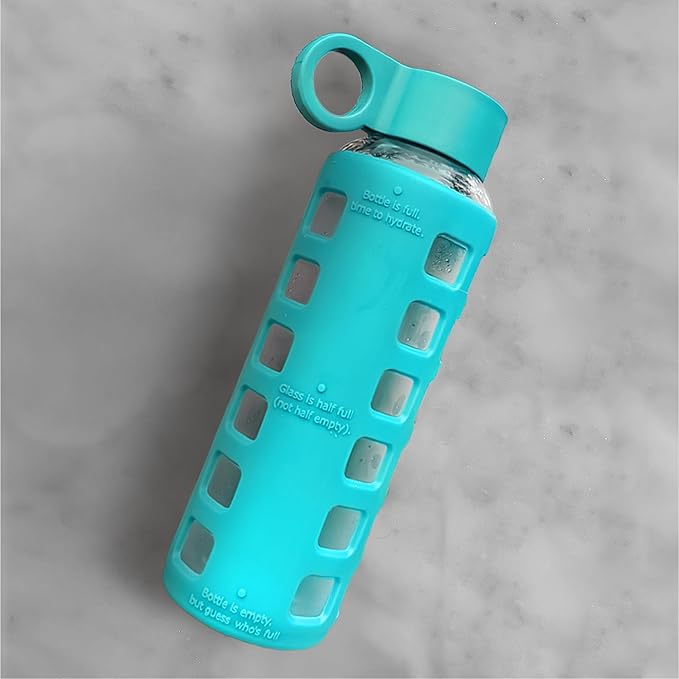 purifyou 40oz / 32oz / 22oz / 12oz Borosilicate Glass Water Bottle with Time & Volume Markers, Silicone Sleeve, Stainless Steel Lid | Reusable Glass Bottle for Water & Juice (12oz Aqua Blue)
