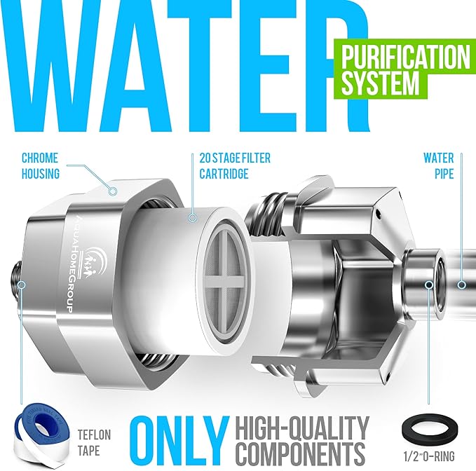 AquaHomeGroup 20 Stage Shower Filter for Hard Water - High Output Universal Shower Head Filter for Chlorine, Fluoride, Heavy Metals - Vitamin C E Shower Water Filter for Hair and Skin (Chrome)
