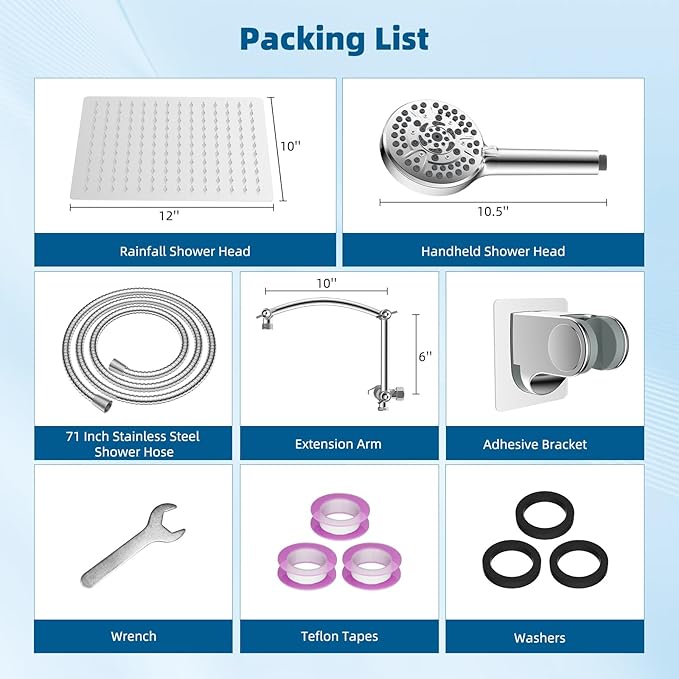 Hibbent All Metal Shower Head, 12'' High Pressure Rain Shower Head/Handheld Showerhead Combo with 16'' Adjustable Arc-shaped Extension Arm, 10 Sprays, 71'' Hose, Adhesive Showerhead Holder, Chrome