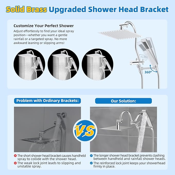 Hibbent All Metal Shower Head, 12'' High Pressure Rainfall Shower Head, Showerhead Combo, Handheld Shower Wand, 12'' Adjustable Curved Shower Extension Arm, 71'' Hose, Shower Head Holder, Chrome