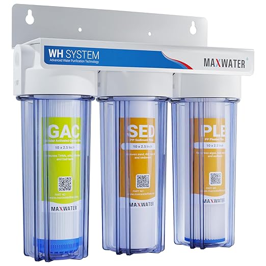 Max Water 3 Stage (Good for City & Cottage Water) 10 inch Standard Water Filtration System for Whole House - Pleated Sediment + Sediment + GAC - ¾ Inlet/Outlet - Model : WH-SC7