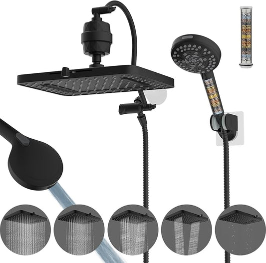 Hibbent Upgraded 5-spray 13'' Dual Filtered Rainfall Shower Head Combo, High Pressure 10-setting Handheld Shower Head with 12'' Adjustable Extension Arm, 20 Stage Shower Filter, 71'' Hose, Matte Black