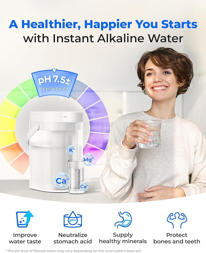 Waterdrop Alkaline Rechargeable Water Filter Dispenser, 6-Stage Instant Electric Powerful Pitcher, Healthy Mineralized Alkaline Water, 15-Cup Portable Countertop System, Does not Lower TDS