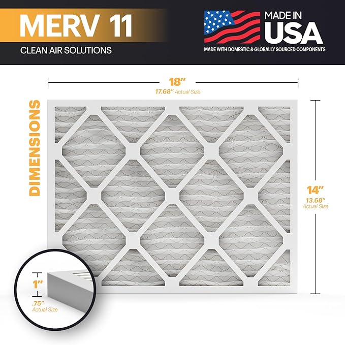 BNX TruFilter 14x18x1 Air Filter MERV 11 (6-Pack) - MADE IN USA - Allergen Defense Electrostatic Pleated Air Conditioner HVAC AC Furnace Filters for Allergies, Dust, Pet, Smoke, Allergy MPR 1200 FPR 7